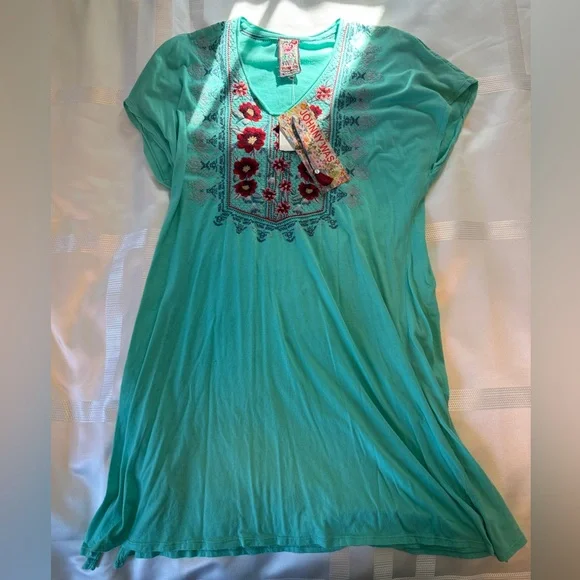 New with tags, Johnny Was Aqua Floral Embroidered Tunic - Picture 1 of 5